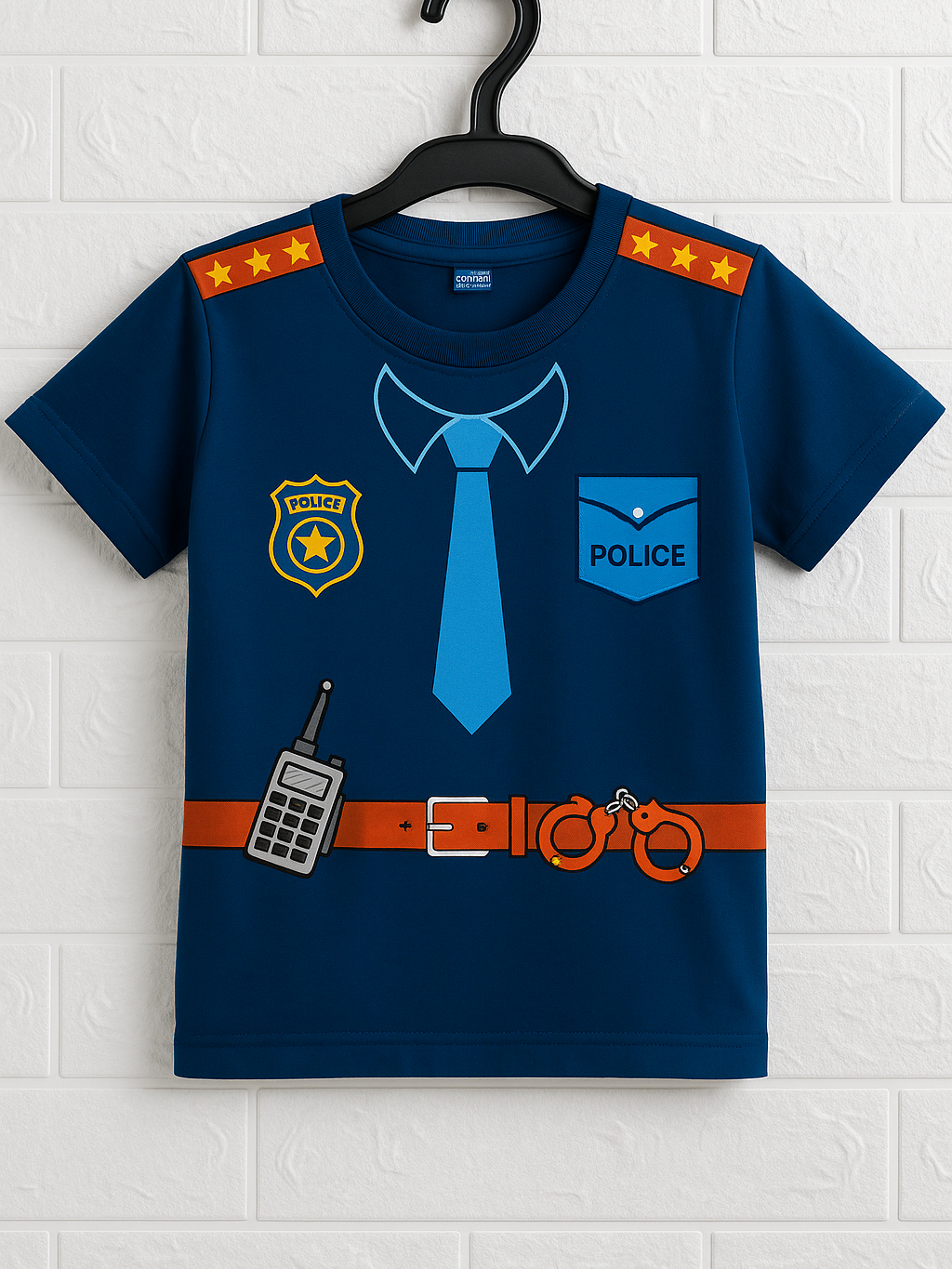 Little cop kids t-shirt, police theme t-shirt for kids, customized kids t-shirt India, birthday gift t-shirt for boy, kids fancy dress tee, blue kids tee with police design