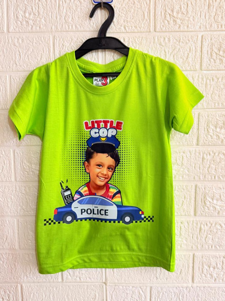Little cop kids t-shirt, police theme t-shirt for kids, customized kids t-shirt India, birthday gift t-shirt for boy, kids fancy dress tee, green kids tee with police design